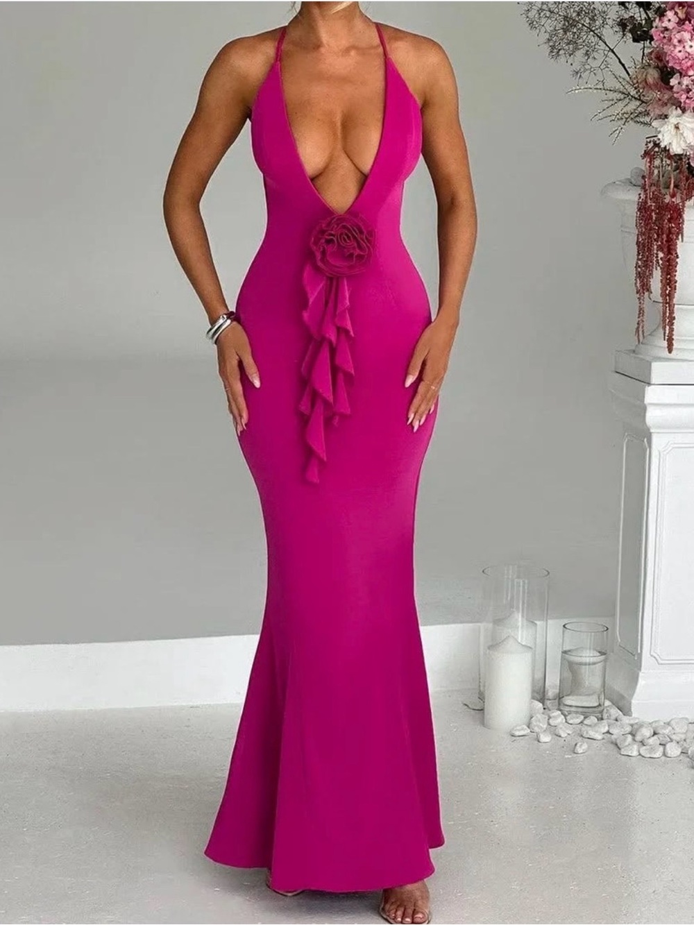 Fuchsia Spaghetti-Strap Evening Gown with Floral Detail